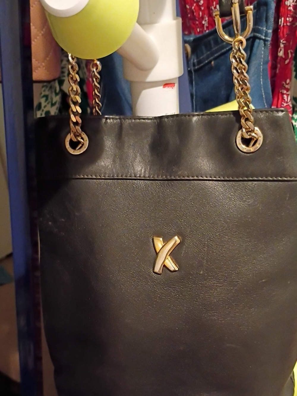 Black Leather Shoulder Bag with Gold Chain Handles